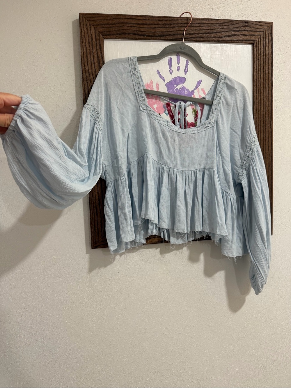 Light Blue Women's Peasant Blouse - Soft Ruffled Boho Top